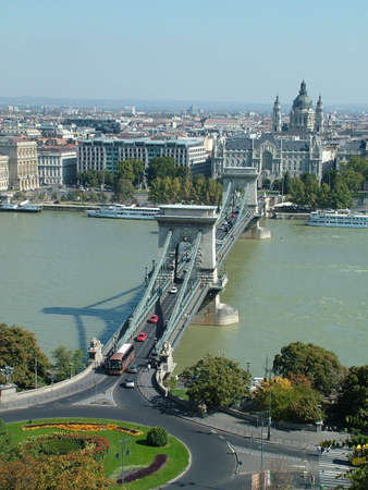 River Danube in Budapest with the Széchenyi Chain Bridgeの写真素材