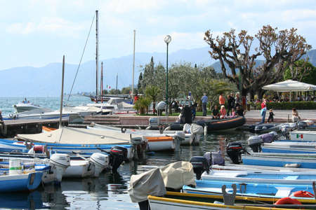 Boats along Lake Garda Italyの写真素材