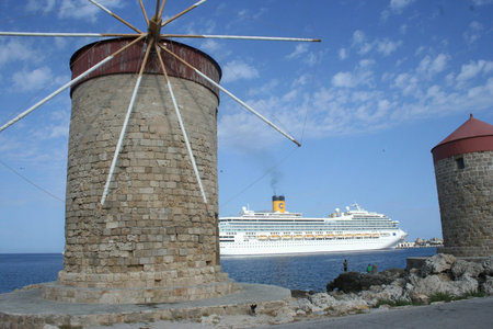 Windmills on Rhodes Island in Greeceのeditorial素材