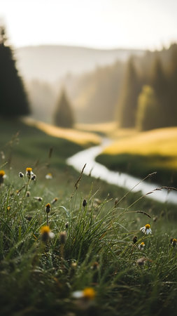 A close-up of grass and wildflowers in a field, with a blurred background of trees and a winding stream. The captures the texture of the grass and flowers in the foreground. Clear details and vibrant colors enhance visual appeal.の素材