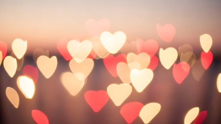 A colorful abstract background featuring heart-shaped lights in red and white hues, creating a festive and romantic atmosphere. Clear details and vibrant colors enhance visual appeal. resolution use.の素材