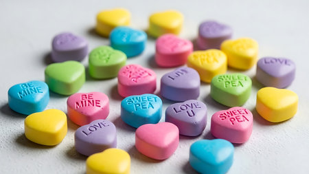 A collection of colorful conversation hearts scattered on a white surface. The hearts are pink, purple, blue, yellow, and green, with messages like "BE MINE" and "LOVE". Clear details and vibrant colors enhance visual appeal.の素材