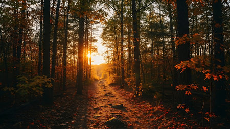 A serene forest path lined with tall trees and autumn leaves, illuminated by the warm sunlight of a setting sun. Clear details and vibrant colors enhance visual appeal. resolution use.の素材