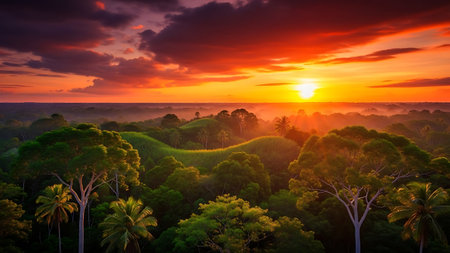 Rainforest showing lush green rainforest canopy at sunset with dramatic orange and red sky. resolution use. Clear details and vibrant colors enhance visual appeal. resolution use.の素材