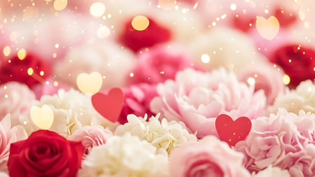 A colorful and romantic of pink and white flowers with heart shapes and a bokeh effect. The flowers are in full bloom with green leaves and stems. The heart shapes are scattered throughout the creating a festive and loving atmosphere.の素材
