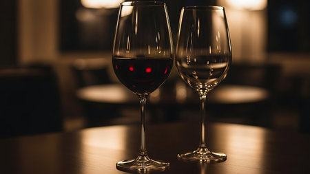 Two wine glasses on a table in a dimly lit room. One glass is filled with red wine and the other is empty. The background is blurry and dark. Clear details and vibrant colors enhance visual appeal. resolution use.の素材