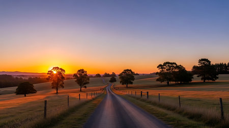 A winding road through the countryside at sunset with trees and fields on either side and a clear blue and orange sky. Clear details and vibrant colors enhance visual appeal. resolution use.の素材