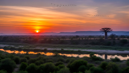 A serene savannah landscape at sunset featuring a baobab tree, a winding river, and distant mountains under a vibrant orange and purple sky with birds flying overhead. Clear details and vibrant colors enhance visual appeal.の素材