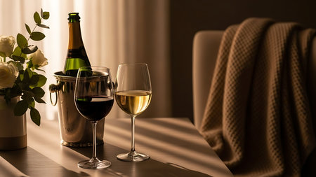 A table with two wine glasses, one filled with red wine and the other with white wine, a green bottle in an ice bucket, and a vase with white roses. A chair with a blanket is in the background. Clear details and vibrant colors enhance visual appeal.の素材