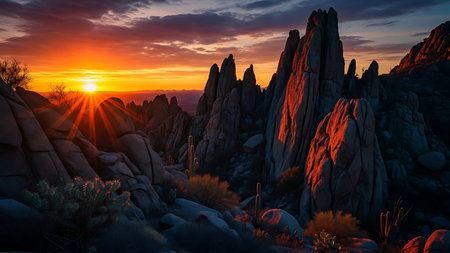 A sunset over a rocky landscape with cacti and mountains in the background. The sky is ablaze with orange and purple hues, with sun rays peeking through the clouds. The scene is and dramatic, showcasing the natural beauty of the desert.の素材