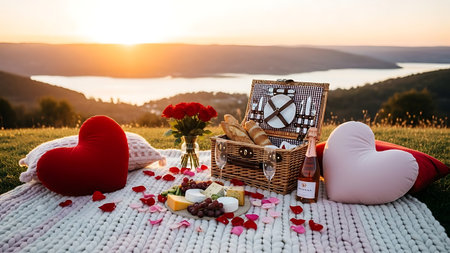 A romantic picnic setup on a white blanket with heart shaped pillows, a wicker basket, wine, roses, cheese, grapes, and bread, overlooking a serene lake at sunset. Clear details and vibrant colors enhance visual appeal.の素材