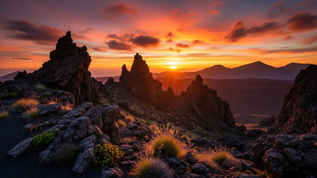 A dramatic landscape of rocky outcrops and mountains at sunset. The sky is a vibrant orange and purple, with clouds scattered throughout. The sun is setting behind the rocks, casting a warm glow. Clear details and vibrant colors enhance visual appeal.の素材