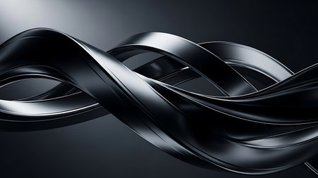 A of black twisted ribbons with smooth curves and a shiny metallic finish, creating a modern and artistic visual effect. Clear details and vibrant colors enhance visual appeal. resolution use.の素材
