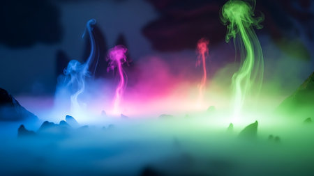 A surreal landscape with jellyfish-like creatures in shades of blue, pink, green, and red, surrounded by fog and rocks, set against a dark sky with clouds. Clear details and vibrant colors enhance visual appeal.の素材