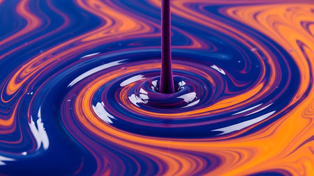 A display of colorful liquid swirling together, creating a dynamic and artistic composition. The orange and blue hues blend and merge Clear details and vibrant colors enhance visual appeal. resolution use.の素材