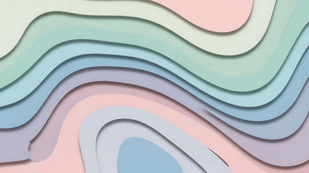 A colorful abstract featuring layered, wavy paper cutouts in pastel shades of pink, blue, purple, and green, creating a soft and creative texture. Clear details and vibrant colors enhance visual appeal.の素材