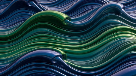 A close-up view of abstract green and blue waves with a smooth and shiny texture, creating a dynamic and gradient-like visual effect. Clear details and vibrant colors enhance visual appeal. resolution use.の素材