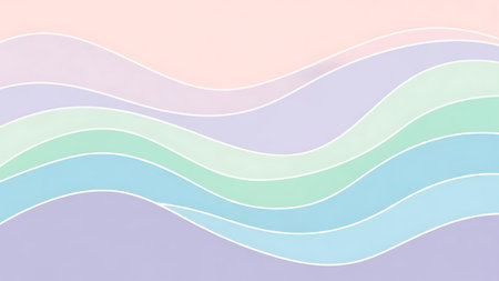 A pastel-colored abstract background featuring wavy lines in shades of peach, pink, purple, green, and blue, with white outlines and a soft gradient effect. Clear details and vibrant colors enhance visual appeal.の素材