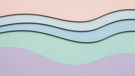 A creative featuring layered, wavy paper cutouts in pastel shades of pink, blue, green, and purple, creating a soft and artistic texture. Clear details and vibrant colors enhance visual appeal. resolution use.の素材