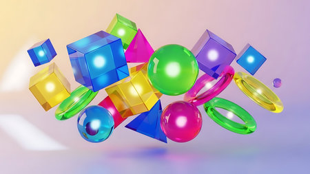 A dynamic and creative featuring colorful 3D shapes floating in mid-air. The shapes are vibrant and geometric, including cubes, spheres, and rings in various colors such as pink Clear details and vibrant colors enhance visual appeal.の素材