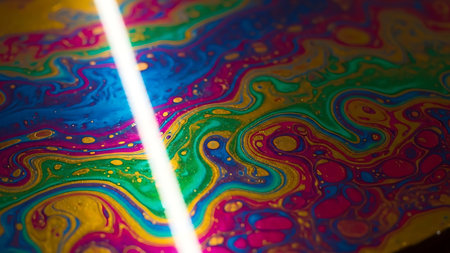 A vibrant and dynamic of colorful swirling patterns on a surface, featuring a mix of bright colors and shapes, creating a abstract with a sense of movement and fluidity. Clear details and vibrant colors enhance visual appeal.の素材