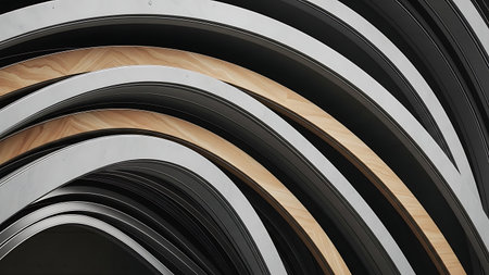 A close-up of curved black and silver lines on a wooden surface, creating a modern and sleek abstract with a mix of metallic and natural textures. Clear details and vibrant colors enhance visual appeal.の素材