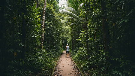 A person walks down a forest path surrounded by dense foliage and tall trees. The path is brown and has leaves scattered on it. The trees and plants are lush and green, and the atmosphere is tropical and natural.の素材