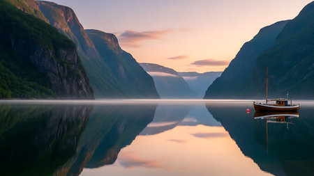 A small wooden boat floats on a calm lake surrounded by steep cliffs and mountains, with a reflection of the cliffs visible on the lake's surface under a serene sky. Clear details and vibrant colors enhance visual appeal.の素材