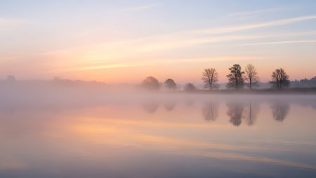 A still lake reflects the vibrant colors of sunrise, with a layer of fog rolling in and trees silhouetted in the distance. The atmosphere is peaceful and serene, with the mist adding a sense of mystery to the scene. The sky transitions from blue to warm hues of orange and pink.の素材
