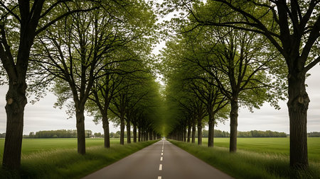 A tree-lined road stretches through a green field with a cloudy sky above. The road has a white dotted line down the center and is flanked by tall trees with green leaves. The grass is lush and green, and the sky is filled with clouds.の素材