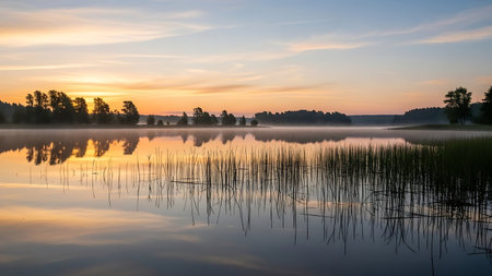 A calm lake at sunrise with trees and reeds in the foreground, reflecting the vibrant colors of the sky. The atmosphere is peaceful and serene, with a misty fog rising from the water. Clear details and vibrant colors enhance visual appeal.の素材
