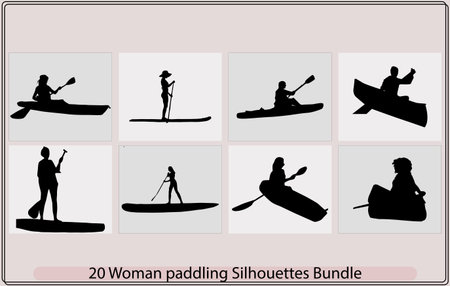 Set of silhouettes of people on a kayak. Vector illustrationのイラスト素材