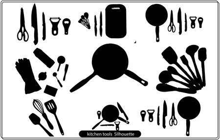 kitchen tools collection - black and white vector illustration on white backgroundのイラスト素材