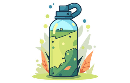 Illustration of a green water bottle with leaves on a white backgroundのイラスト素材