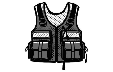Black and white illustration of a bulletproof vest with a backpack.のイラスト素材