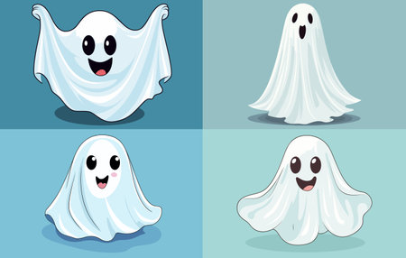 Flat Vecttor of a classic white sheet ghost, Halloween elements Sheet Ghost, Spooky Ghost in white sheet and witch hat vector illustration setのイラスト素材