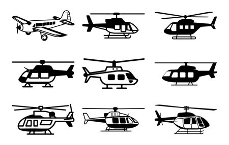 Black isolated silhouette of helicopter on white background, Helicopter silhouette in black vector graphicのイラスト素材
