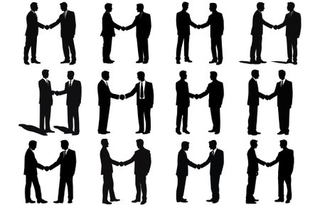Two Silhouette Businessman Hand Shake, Business Man Handshake Agreement Concept Flat Vector Illustrationのイラスト素材