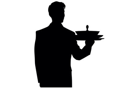 Waiter Serving Dish food Cover Dome silhouette. Sign hand of waiter with serving tray. Waiter serving.のイラスト素材
