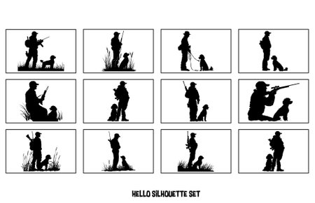 Hunter with Poodle Silhouette set, Silhouette of a Hunter and Dogのイラスト素材