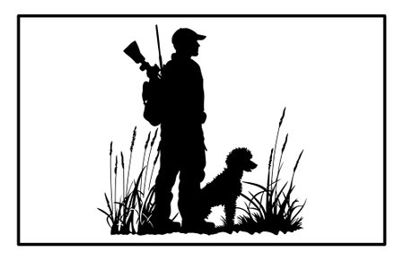 Hunter with Poodle Silhouette , Silhouette of a Hunter and Dogのイラスト素材