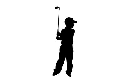 Silhouette of a boy playing Golf. The child stands in profile and swung the stick to strikeのイラスト素材