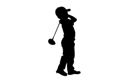 Silhouette of a boy playing Golf. The child stands in profile and swung the stick to strikeのイラスト素材