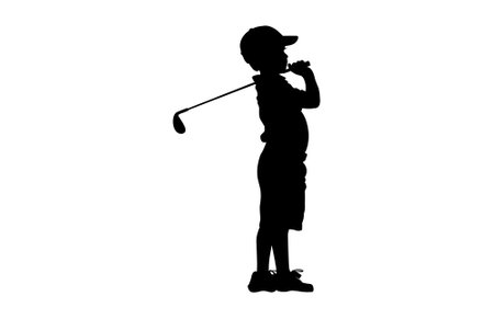 Silhouette of a boy playing Golf. The child stands in profile and swung the stick to strikeのイラスト素材