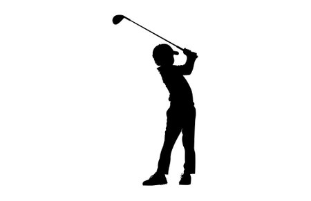 Silhouette of a boy playing Golf. The child stands in profile and swung the stick to strikeのイラスト素材