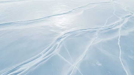 Close-up view of a frozen water surface with intricate cracks and patterns, reflecting sunlight.の素材