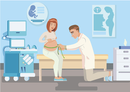 Female doctor with measuring tape measures belly of pregnant woman in gynecology room. Vector illustration. Image.のイラスト素材