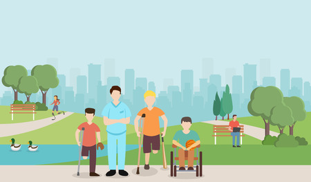 Doctor with disabled children in park. Vector image. Help for children with disabilities.のイラスト素材