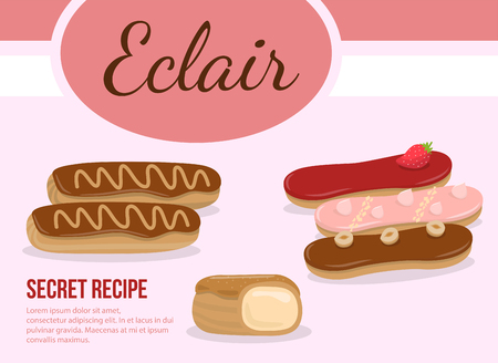 Sweet glazed eclair with cream. Dessert concept. Colorful pattern. Vector illustration. Secret recipe.のイラスト素材