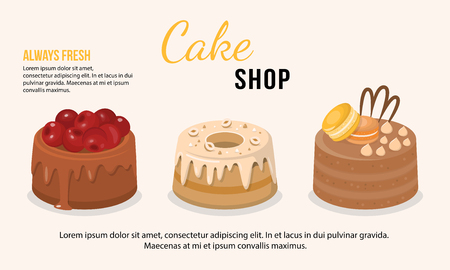 Vector illustration of fresh cakes set with chocolate filling decorated with macaroons, berries and nuts. Dessert concept. Cake shop.のイラスト素材